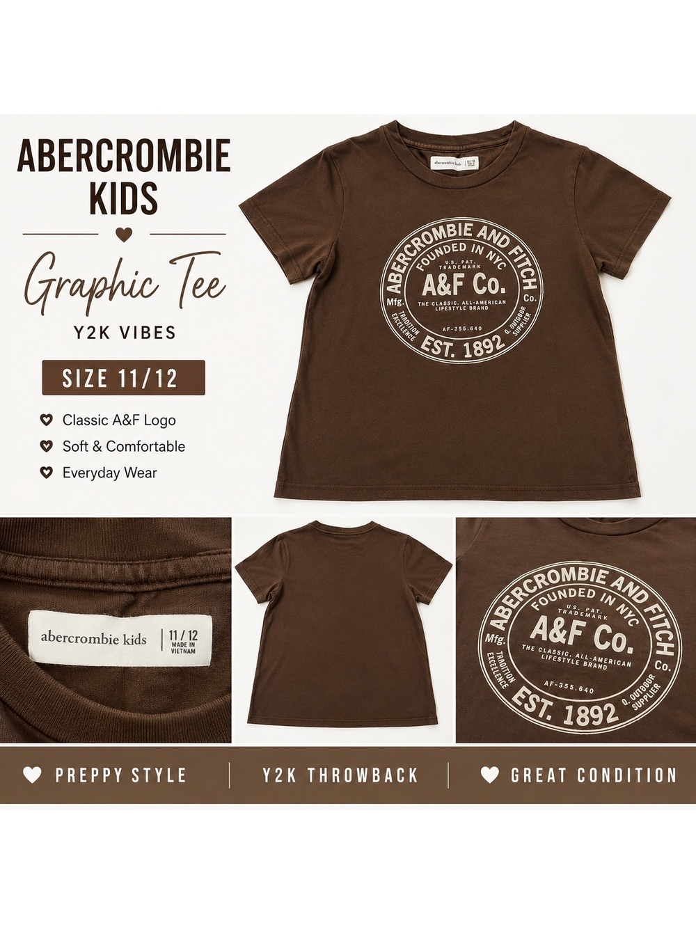 Abercrombie Kids Y2K Brown A&F Co. Graphic Logo T-Shirt Size 11/12